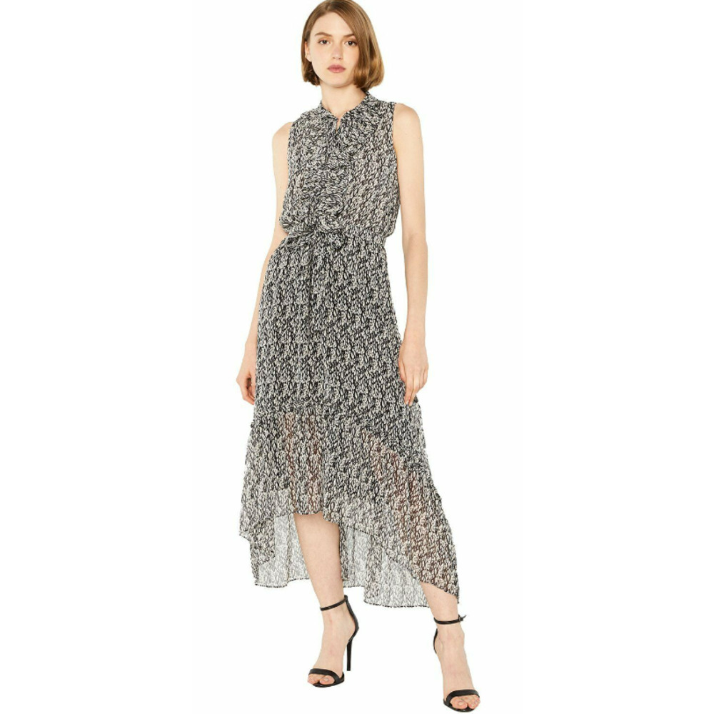 Misa Audra Printed Black Midi Dress with Ruffle Detail and Asymmetricl Hem
